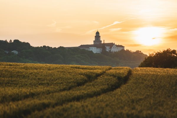 Pannonhalma,Archabbey,With,Wheat,Field,And,Path,On,Sunset,Time